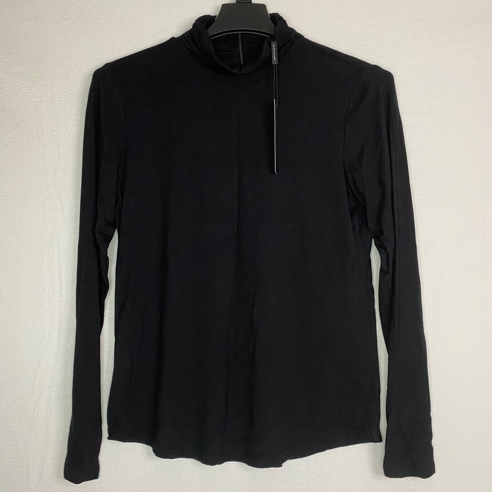 Elie Tahari Mock Neck Top Womens Large Black Ruched Zip Back Noir Minimalist New